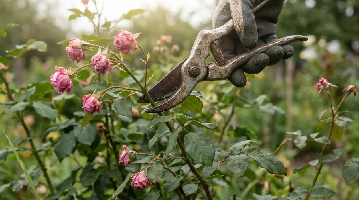 Mano con cesoie che pota rose appassite in giardino per evitare danni alla pianta