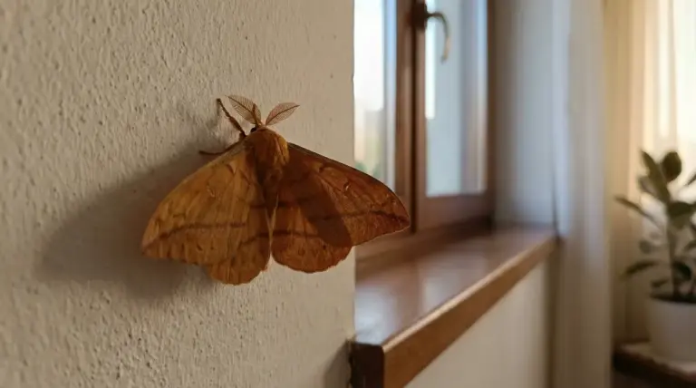 Falena marrone posata sul muro di casa accanto a una finestra illuminata