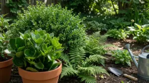 Piante verdi in vaso e in giardino con annaffiatoio e paletta, in un contesto di cura della fioritura