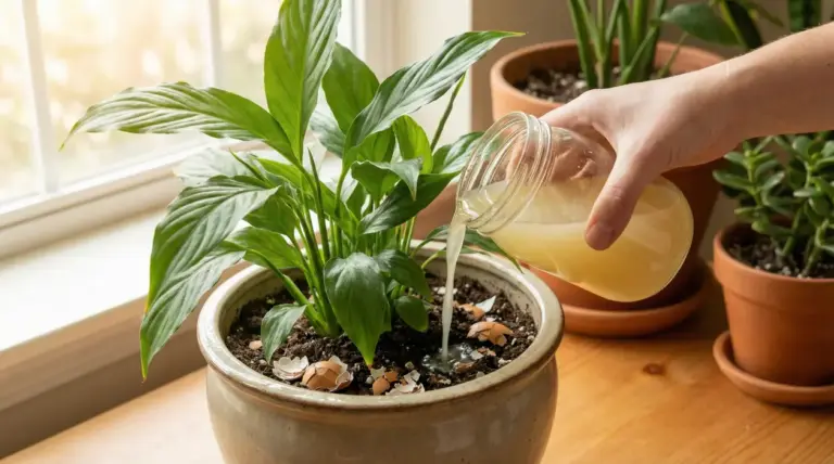 Mano versa fertilizzante naturale liquido su una pianta in vaso con gusci d’uovo sul terriccio