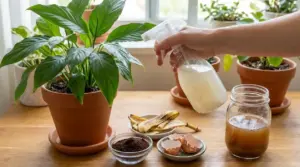 Mano che spruzza fertilizzante naturale su una pianta in vaso, con bucce di banana e gusci d’uovo sul tavolo