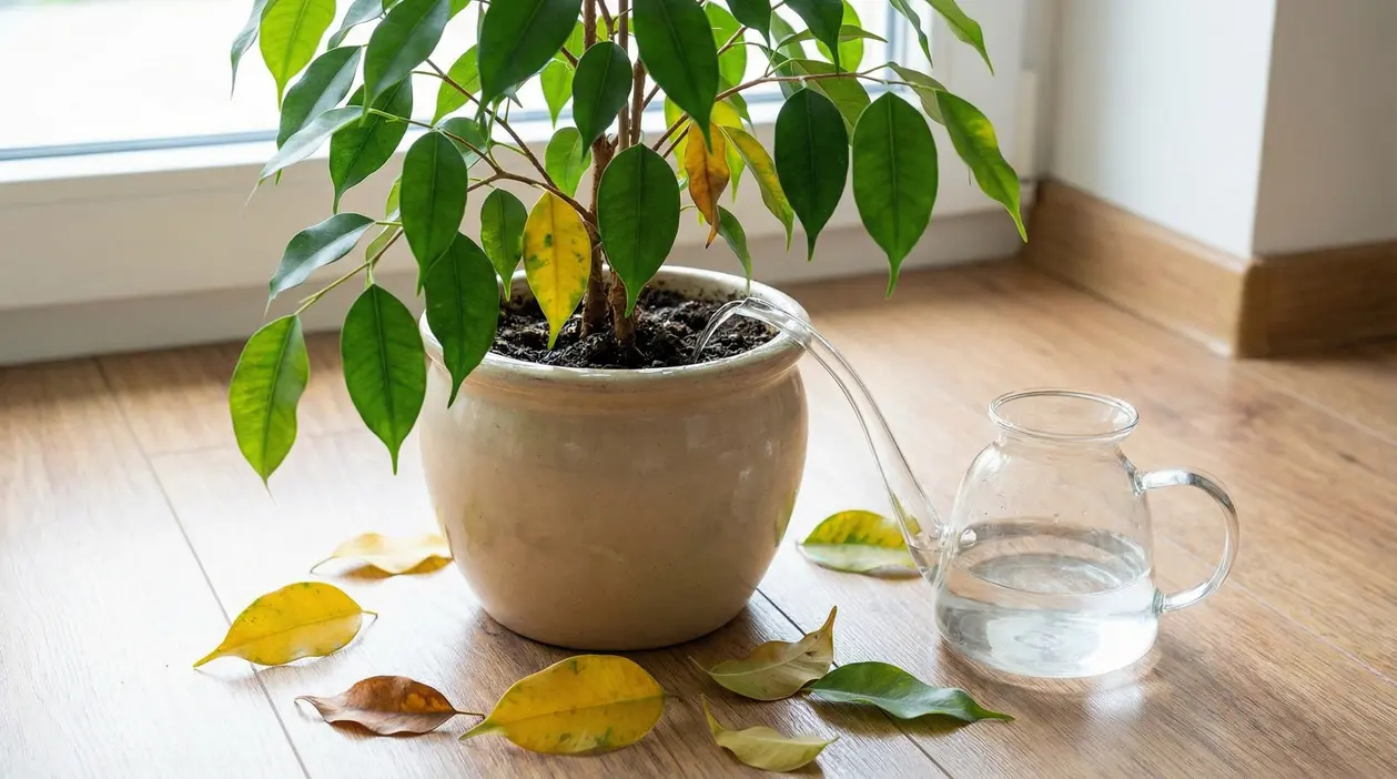 Ficus in vaso con foglie gialle e cadute a terra, accanto a un annaffiatoio su pavimento interno