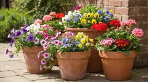 Grandi vasi in terracotta con fiori colorati da esterno su un patio, ideali per fioriture tutto l’anno