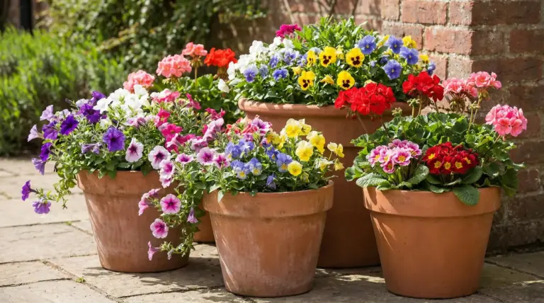 Grandi vasi in terracotta con fiori colorati da esterno su un patio, ideali per fioriture tutto l’anno