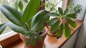 Pianta da appartamento in vaso con foglie verdi segnate da macchie scure e aree necrotiche vicino alla finestra