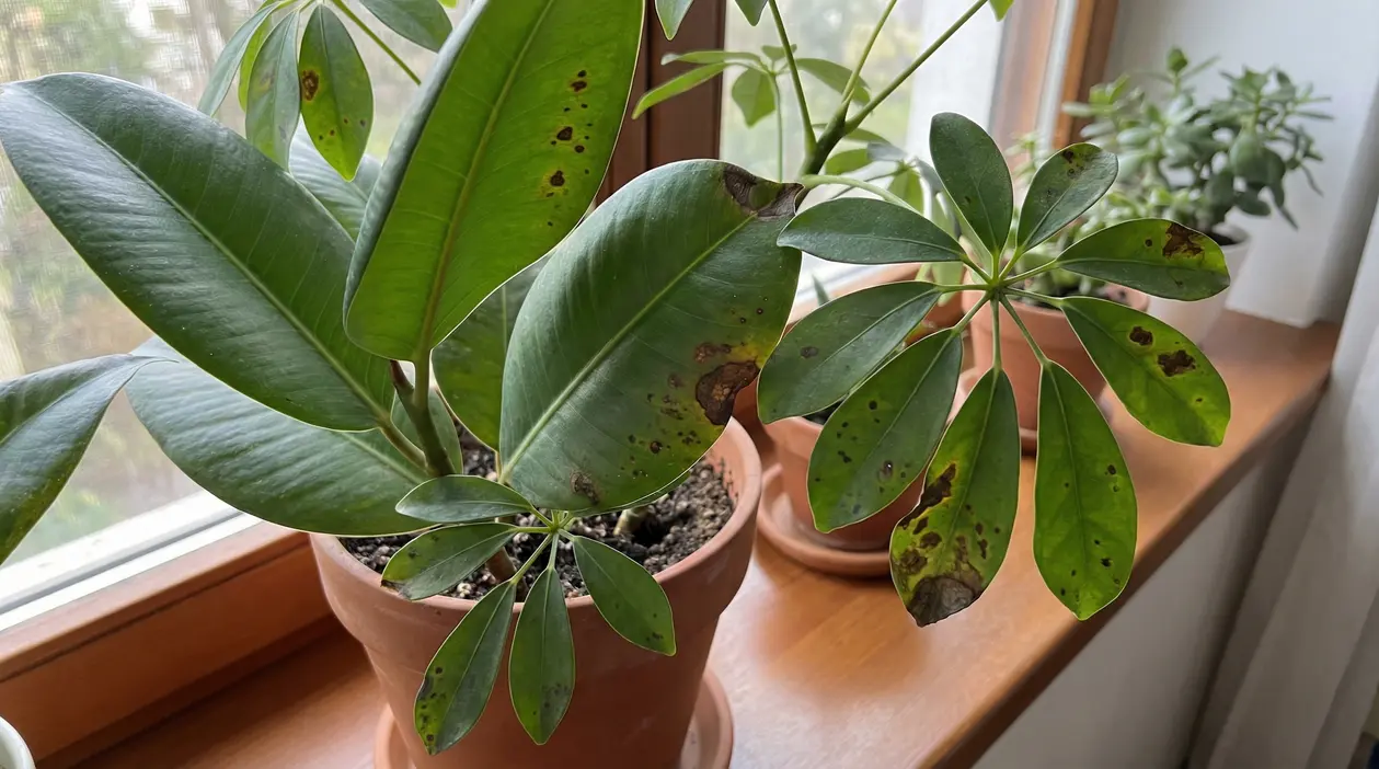 Pianta da appartamento in vaso con foglie verdi segnate da macchie scure e aree necrotiche vicino alla finestra