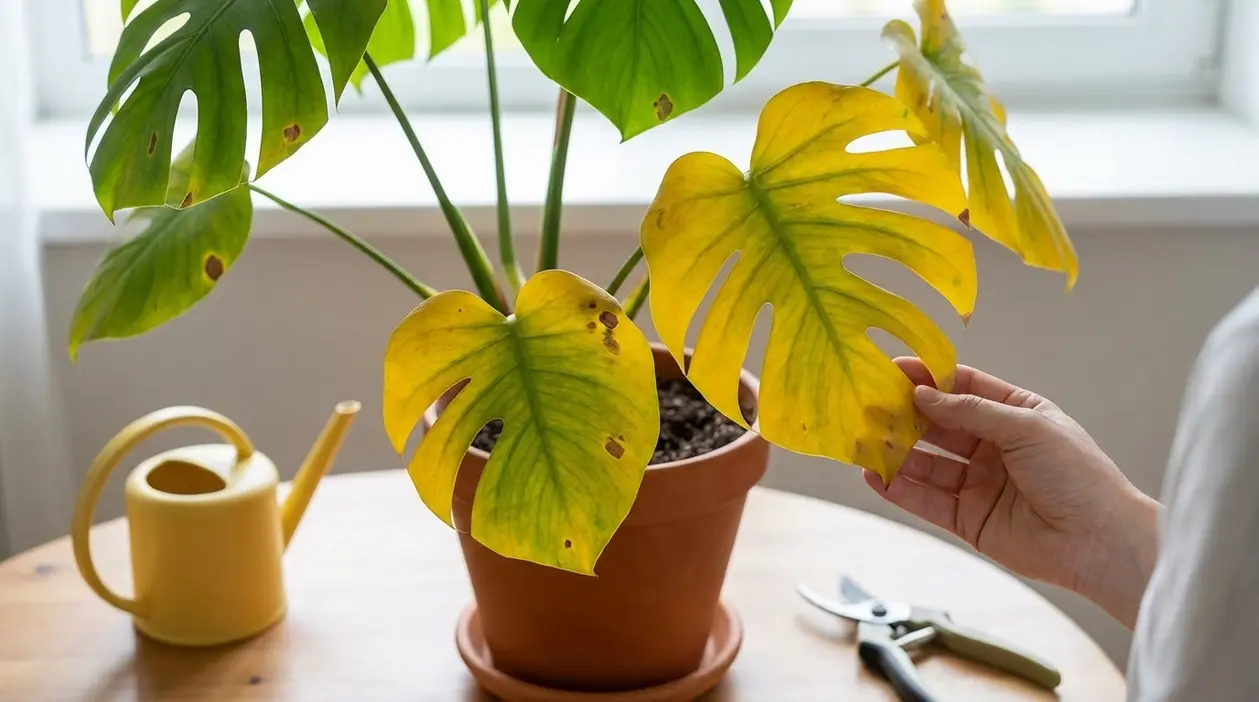 Monstera in vaso con foglie ingiallite, mentre una persona controlla la pianta vicino a una finestra