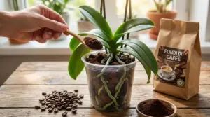 Mano che aggiunge fondi di caffè a un’orchidea in vaso trasparente con radici visibili