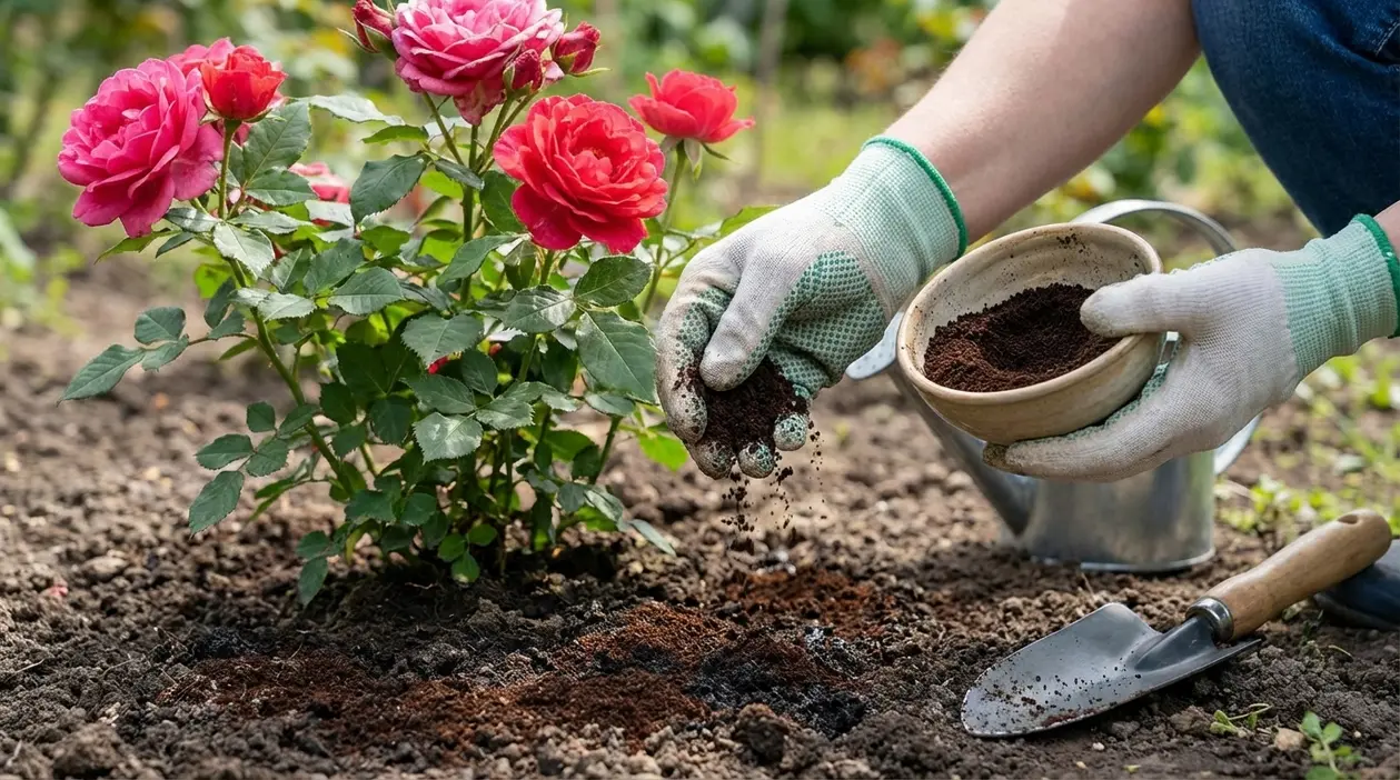 Mani con guanti spargono fondi di caffè alla base di un cespuglio di rose rosa in giardino