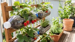 Piante di fragole coltivate in bottiglie di plastica appese su un supporto verticale in balcone