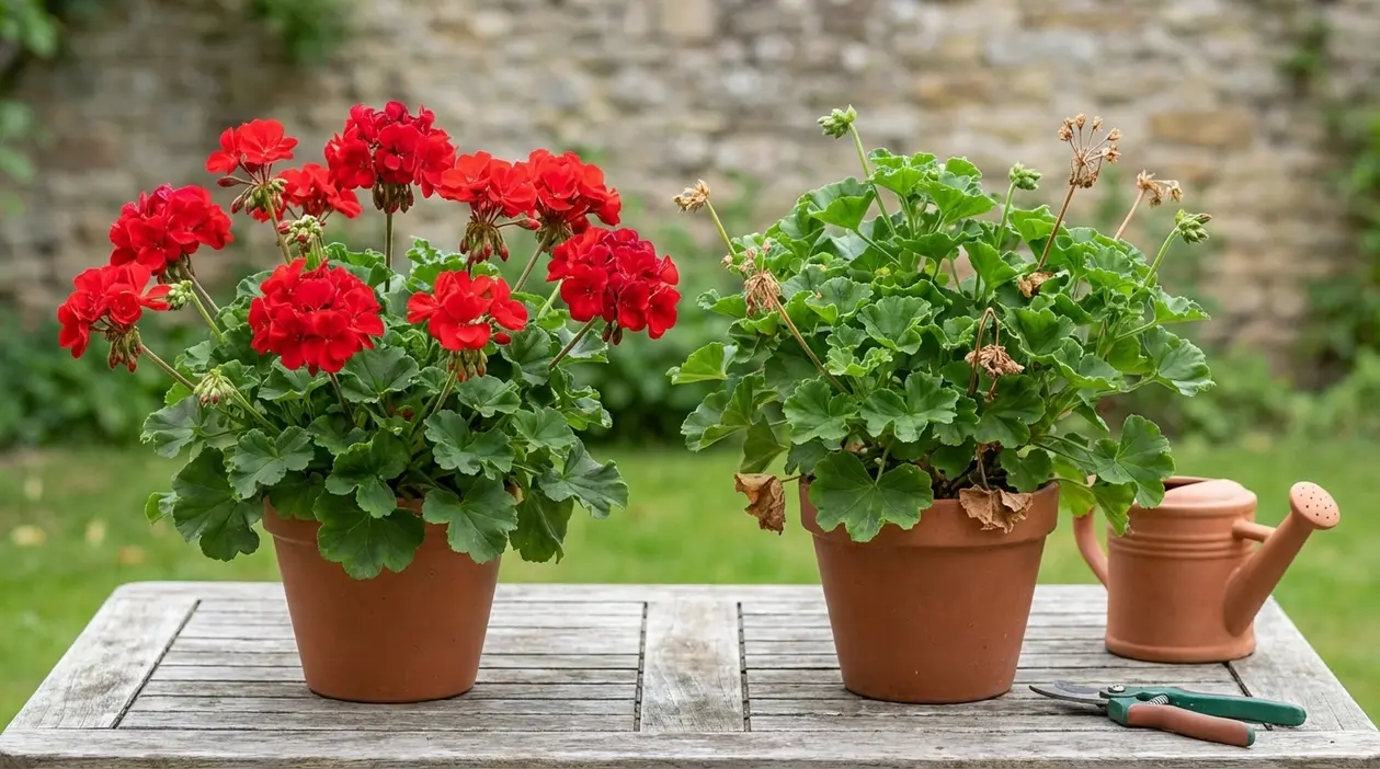 Due gerani in vaso a confronto: uno fiorito e uno con fiori secchi su un tavolo da giardino