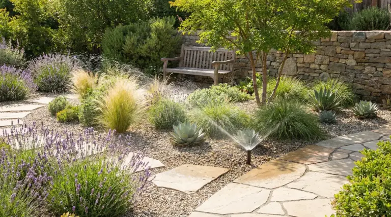 Giardino a bassa manutenzione con ghiaia, lavanda, piante resistenti, irrigazione automatica e panchina