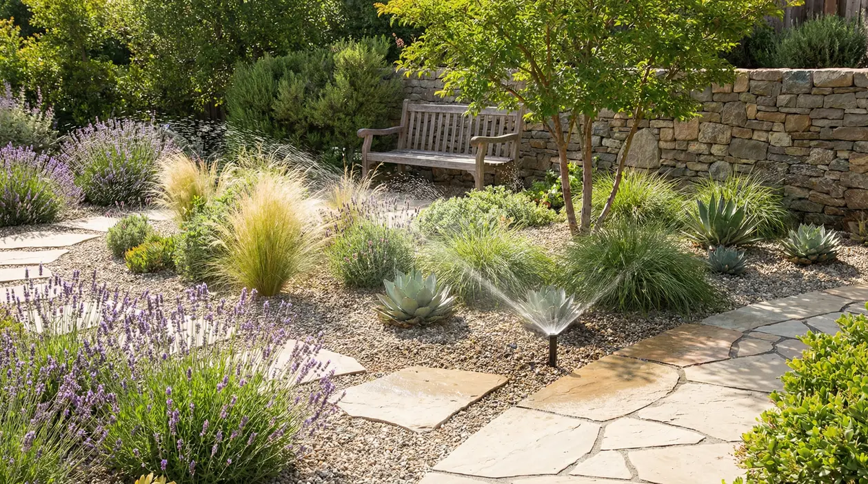 Giardino a bassa manutenzione con ghiaia, lavanda, piante resistenti, irrigazione automatica e panchina