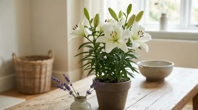 Pianta di giglio bianco in vaso su un tavolo in casa, ideale per profumare gli ambienti in modo naturale