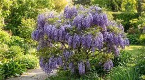 Glicine ad alberello con abbondanti grappoli di fiori viola in un giardino rigoglioso