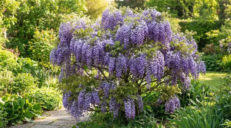 Glicine ad alberello con abbondanti grappoli di fiori viola in un giardino rigoglioso