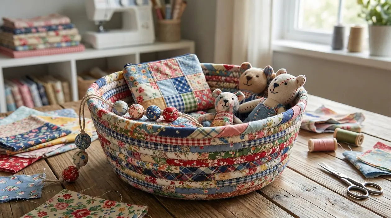 Cestino patchwork realizzato con avanzi di tessuto, con pupazzi e accessori cuciti a mano su un tavolo da lavoro