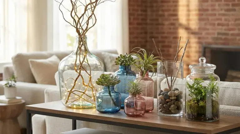 Vasi di vetro decorati con rami, luci, piante e sassi su un tavolo in salotto