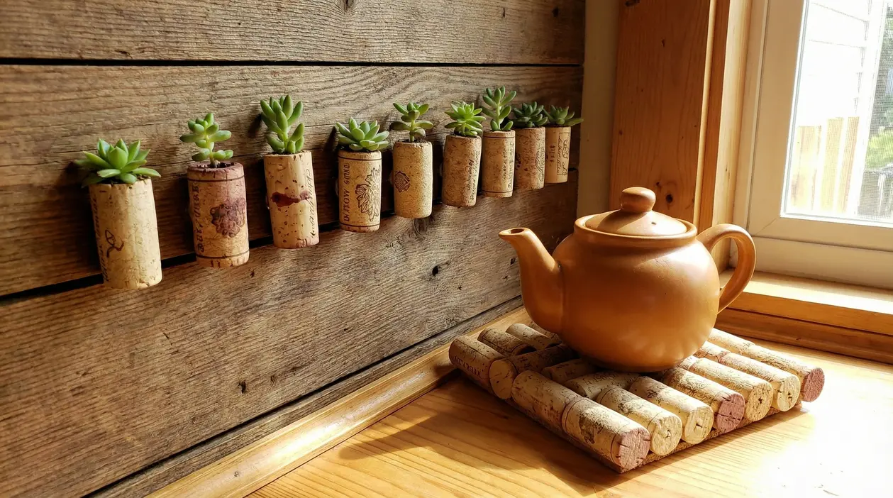 Tappi di sughero riutilizzati come vasetti per piante e sottopentola in una casa dal stile rustico