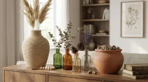 Vasi decorativi riempiti con pampas, eucalipto, lavanda, pigne e sassi su una credenza in soggiorno
