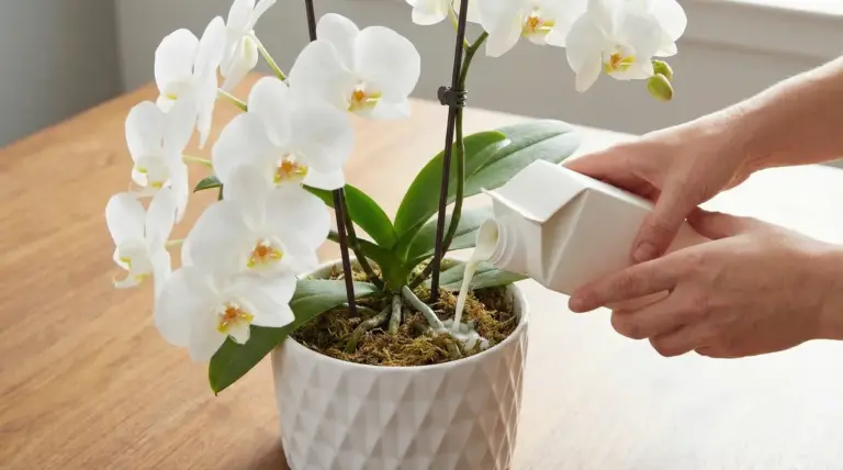 Mani che versano un liquido nutriente su un’orchidea bianca in vaso per favorire una fioritura duratura