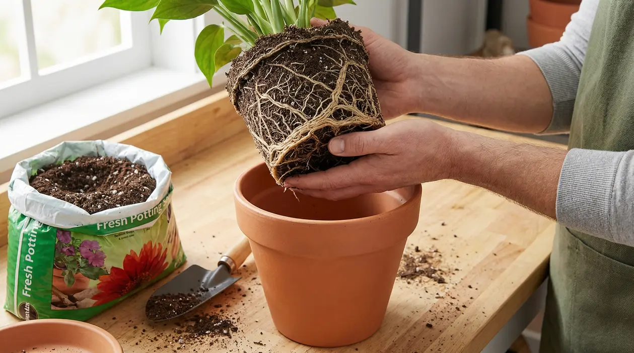 Persona rinvasa una pianta mostrando radici fitte sopra un vaso di terracotta con terriccio sul tavolo