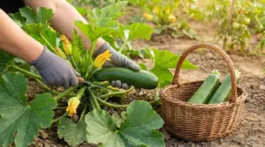 Mani con guanti raccolgono una zucchina matura nell'orto accanto a un cesto di vimini con altre zucchine.
