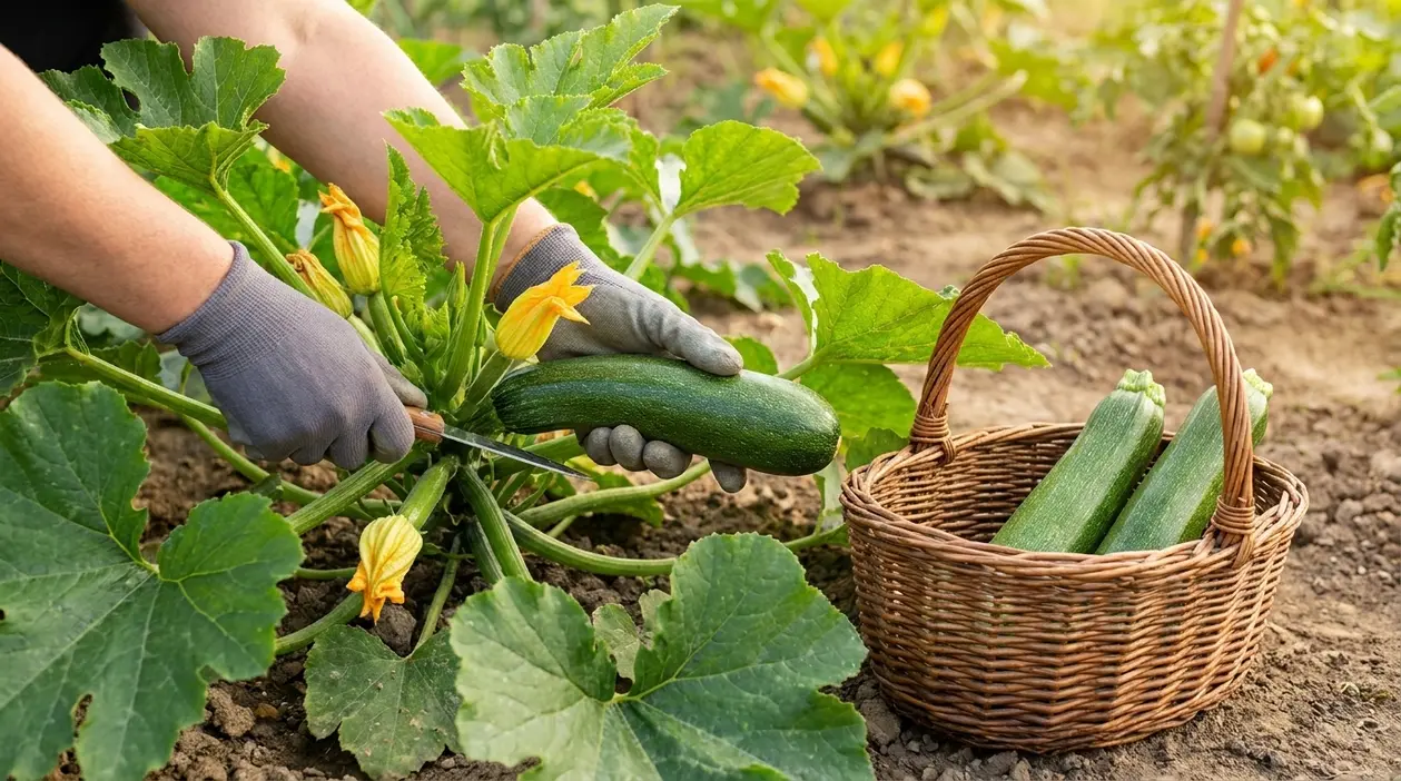 Mani con guanti raccolgono una zucchina matura nell'orto accanto a un cesto di vimini con altre zucchine.