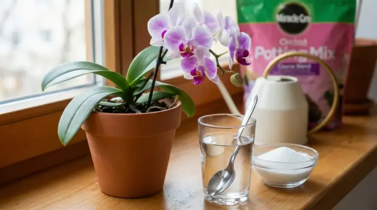 Orchidea in vaso accanto a un bicchiere d’acqua con cucchiaino e una ciotola di ingrediente comune sul davanzale
