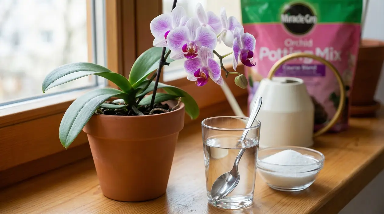 Orchidea in vaso accanto a un bicchiere d’acqua con cucchiaino e una ciotola di ingrediente comune sul davanzale