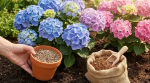 Mano con vaso di fertilizzante naturale accanto a ortensie rosa e blu in fiore in giardino