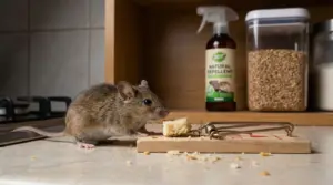 Topo in cucina vicino a una trappola con esca sul piano di lavoro