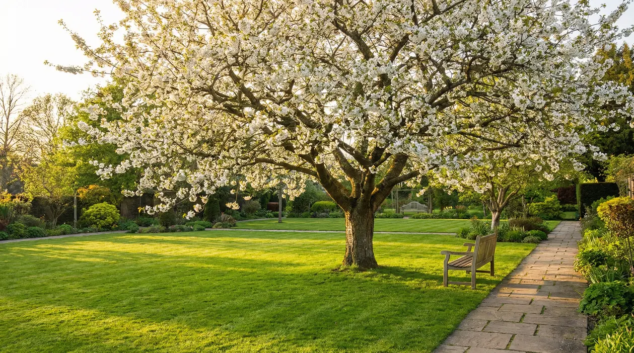 Grande albero in fiore in un giardino curato, con panchina e vialetto al tramonto