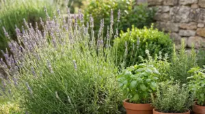 Pianta di lavanda in giardino accanto a vasi di erbe aromatiche come basilico e rosmarino