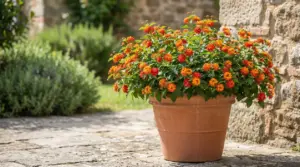 Pianta di lantana in vaso con fiori arancioni e rossi su terrazza in pietra
