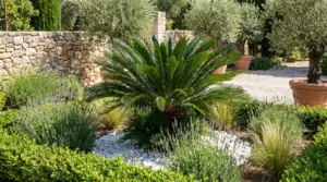 Cycas al centro di un giardino mediterraneo con lavanda, graminacee e muretti in pietra
