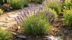 Pianta di lavanda in giardino accanto a un vialetto, utile per tenere lontani insetti e zanzare