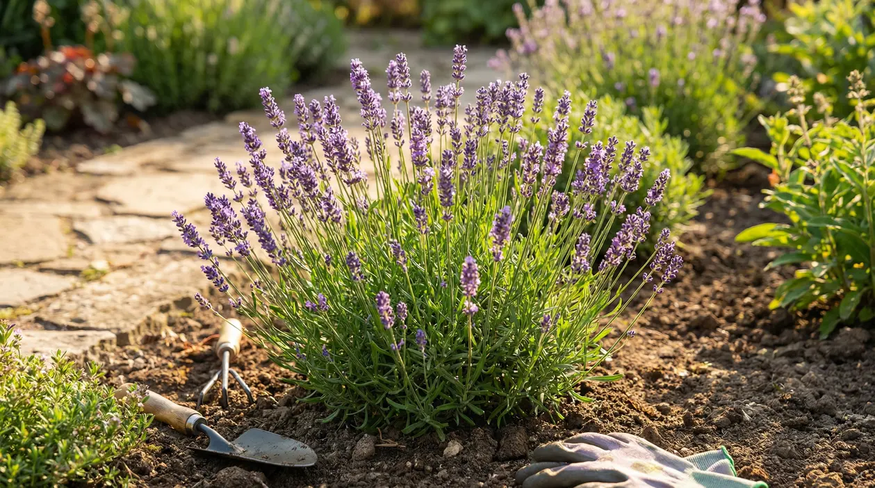 Pianta di lavanda in giardino accanto a un vialetto, utile per tenere lontani insetti e zanzare