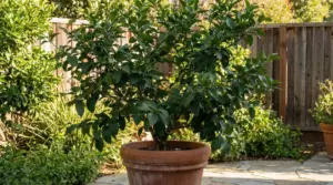 Albero di limone in vaso con foglie verdi rigogliose in giardino, senza frutti visibili