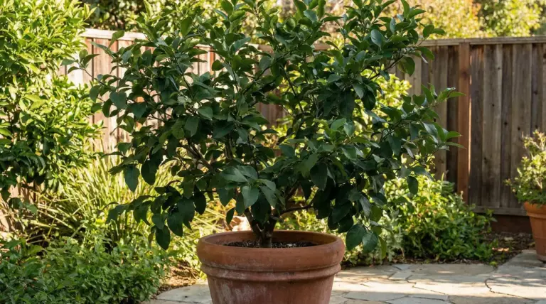 Albero di limone in vaso con foglie verdi rigogliose in giardino, senza frutti visibili
