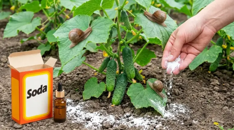 Lumache su una pianta di cetrioli mentre una mano sparge polvere naturale sul terreno dell’orto