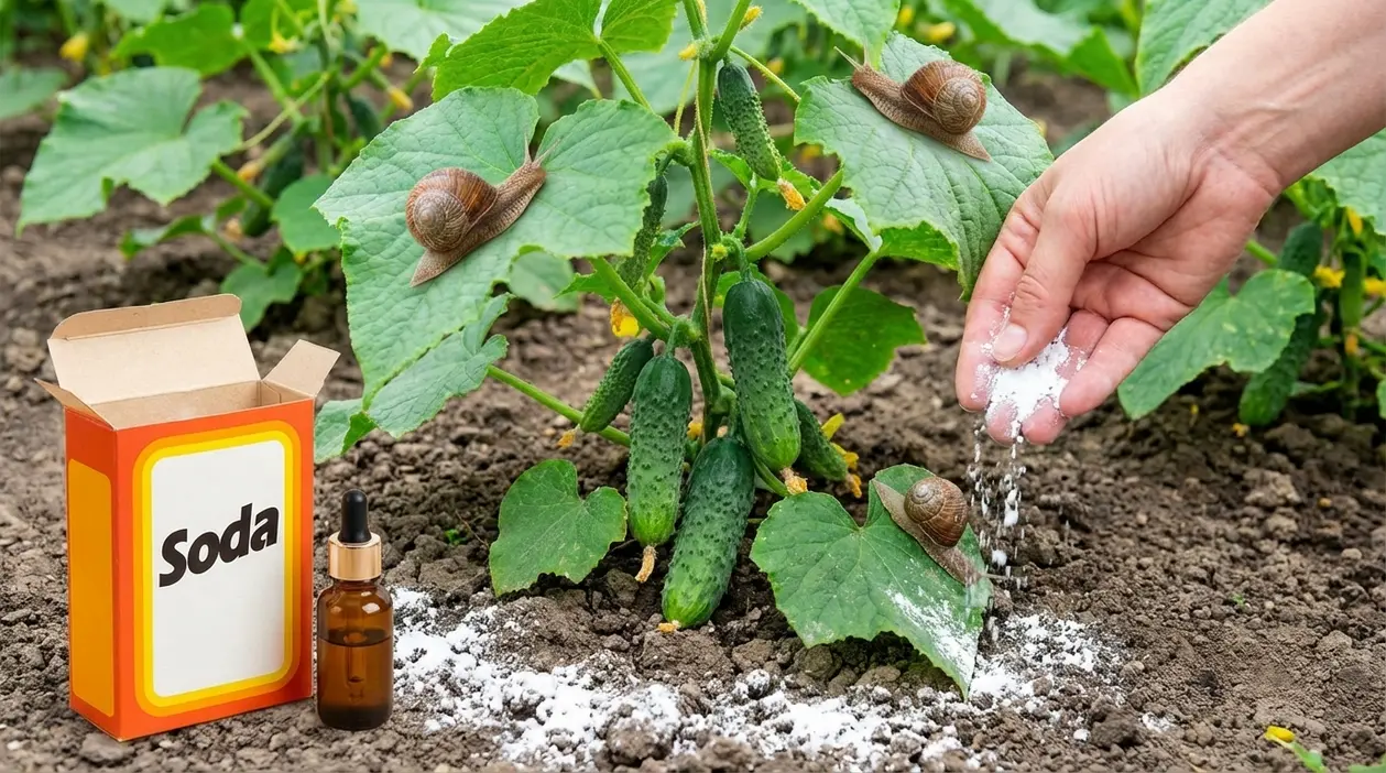 Lumache su una pianta di cetrioli mentre una mano sparge polvere naturale sul terreno dell’orto