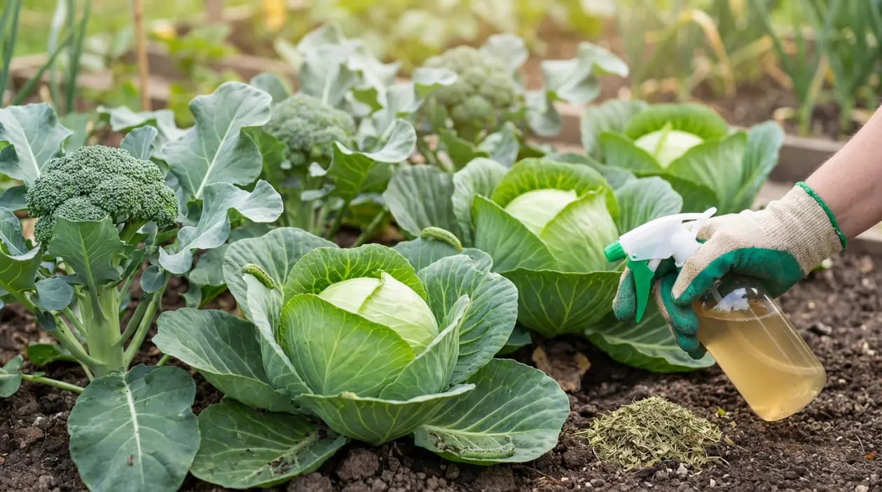 Cavoli e broccoli nell’orto con bruchi sulle foglie mentre si spruzza un rimedio naturale contro i parassiti