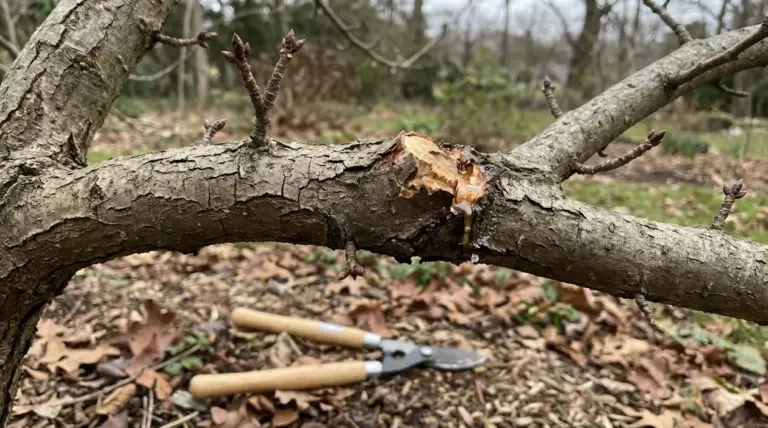 Ramo di albero appena potato con taglio irregolare e cesoie a terra in giardino