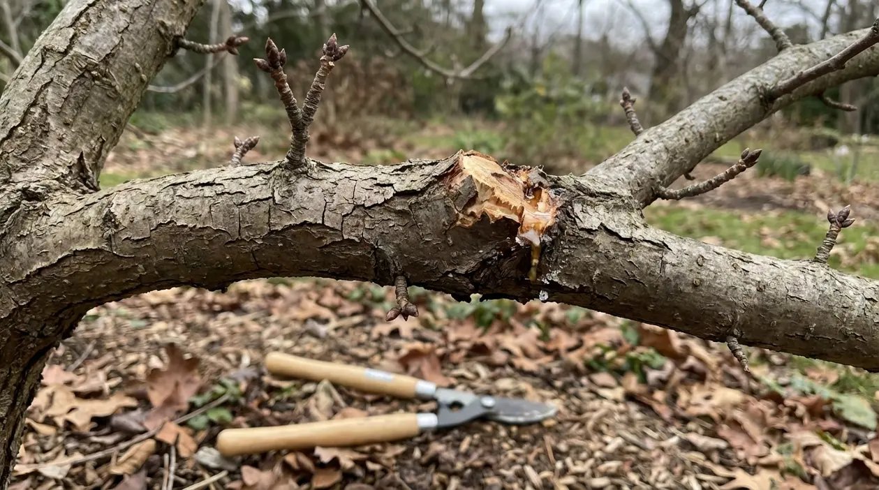 Ramo di albero appena potato con taglio irregolare e cesoie a terra in giardino