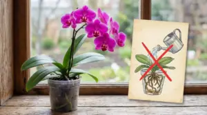 Orchidea Phalaenopsis fiorita sul davanzale con indicazione di errore nell’annaffiatura