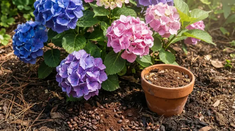 Ortensie blu, rosa e viola in giardino con fondi di caffè sul terreno e vaso di terracotta accanto