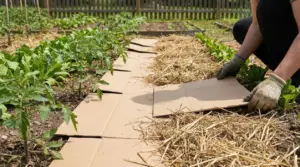 Persona stende cartone e paglia tra le file dell’orto per la pacciamatura attorno agli ortaggi