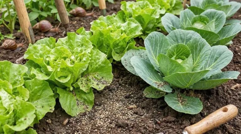 Lumache tra lattuga e cavoli nell’orto, con pepe sparso sul terreno come rimedio naturale