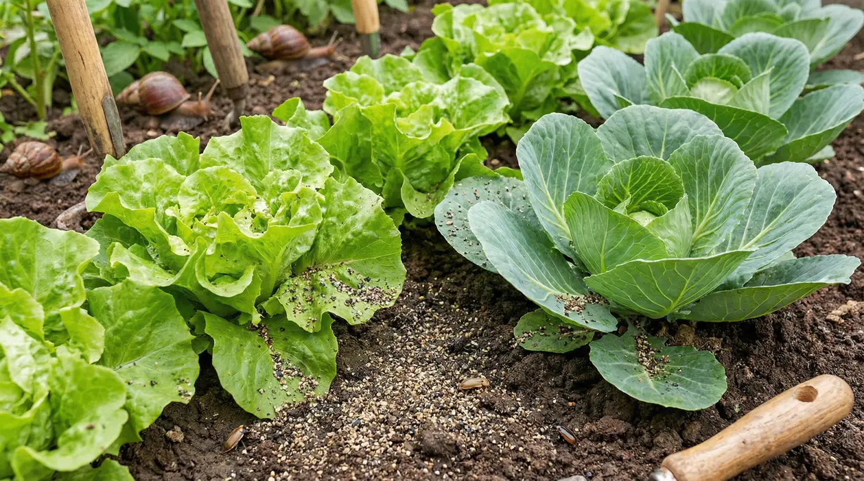 Lumache tra lattuga e cavoli nell’orto, con pepe sparso sul terreno come rimedio naturale